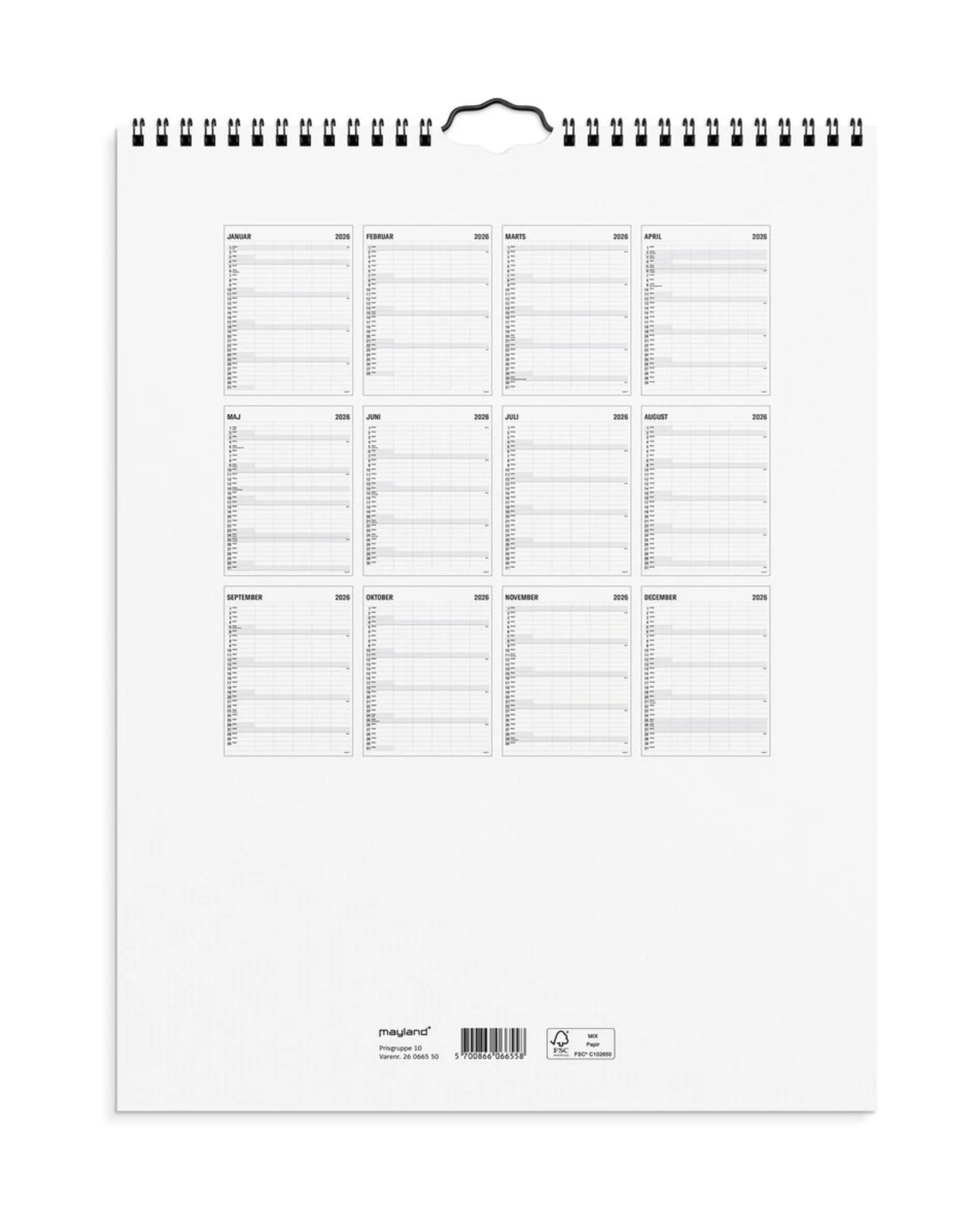 Familiekalender 2026 Black and white 5 kolonner - Fra Mayland