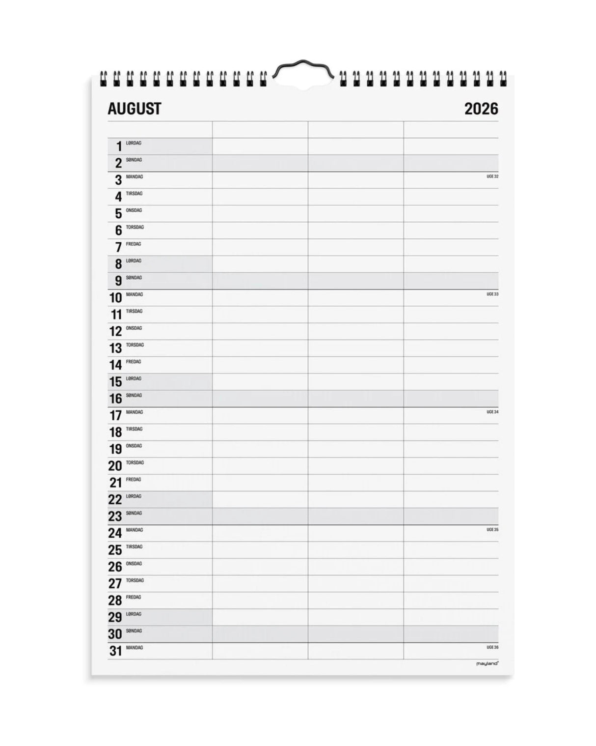 Familiekalender 2026 Black and white 3 kolonner - Fra Mayland