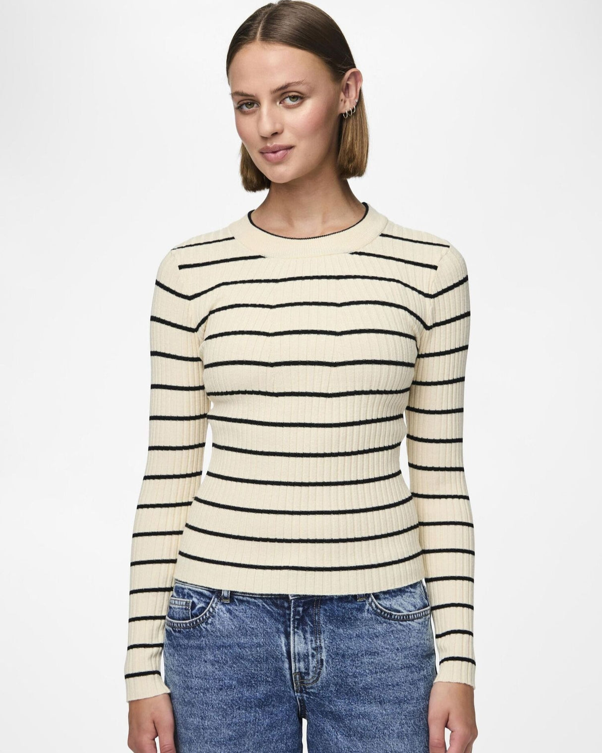 Sort/Birch - Black narrow stripes - PIECES - Strikbluse - 17115047