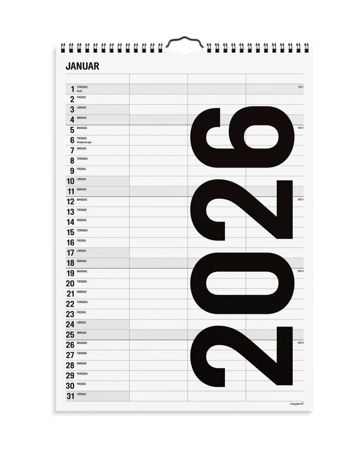 Familiekalender 2026 Black and white 3 kolonner - Fra Mayland