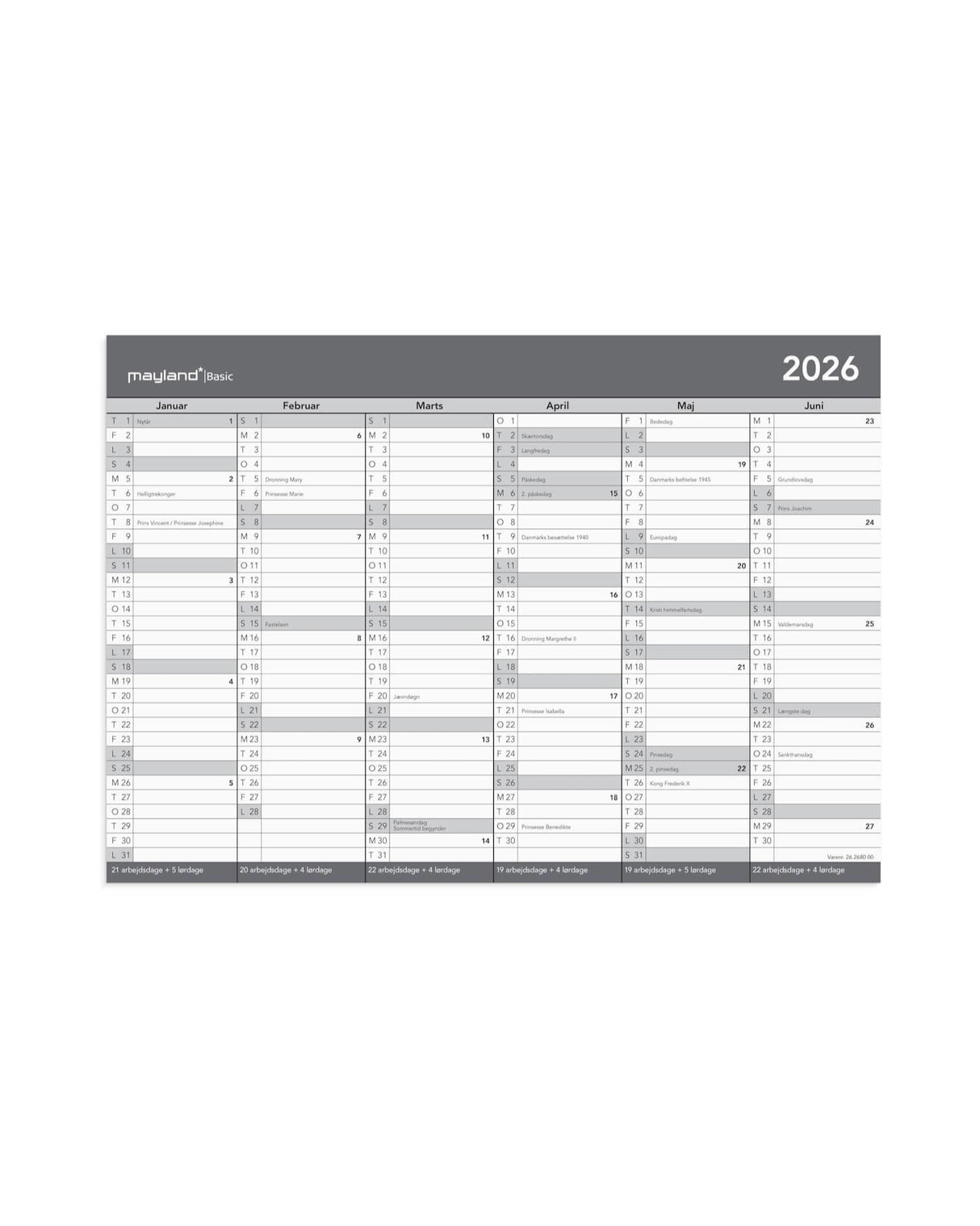 Basic kontorkalender A4 2026 - Fra Mayland