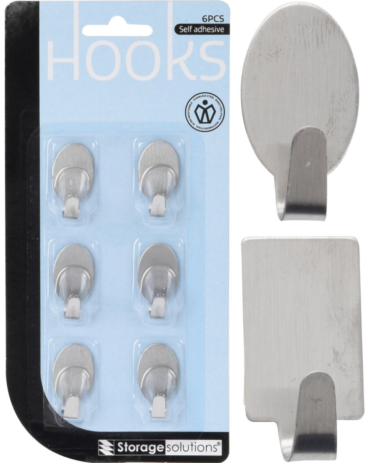 Kroge i rustfrit stål 6 stk - Selvklæbende