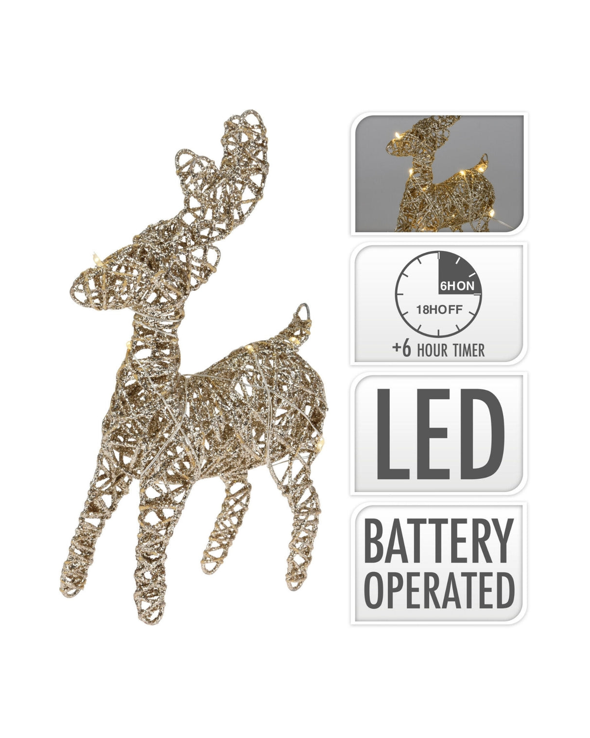 Reindeer in gold 21cm with 10 LED lights