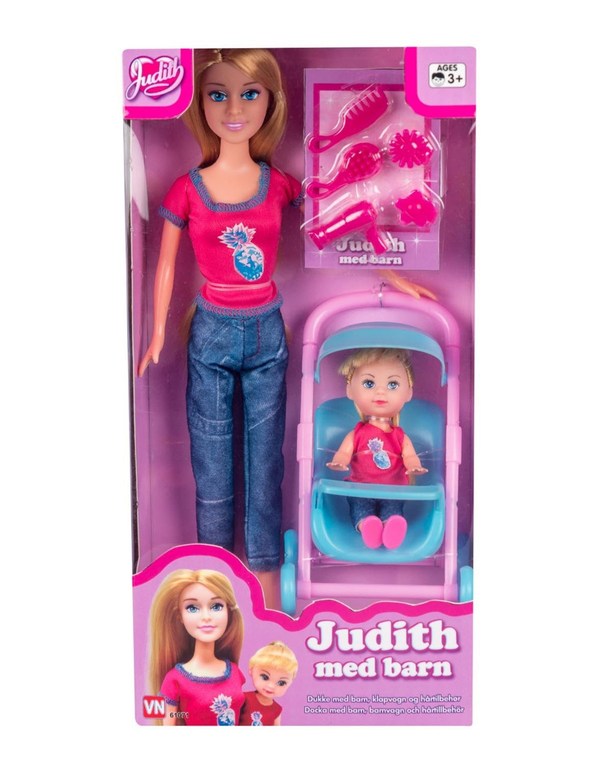 Judith med barn, klapvogn og tilbehør