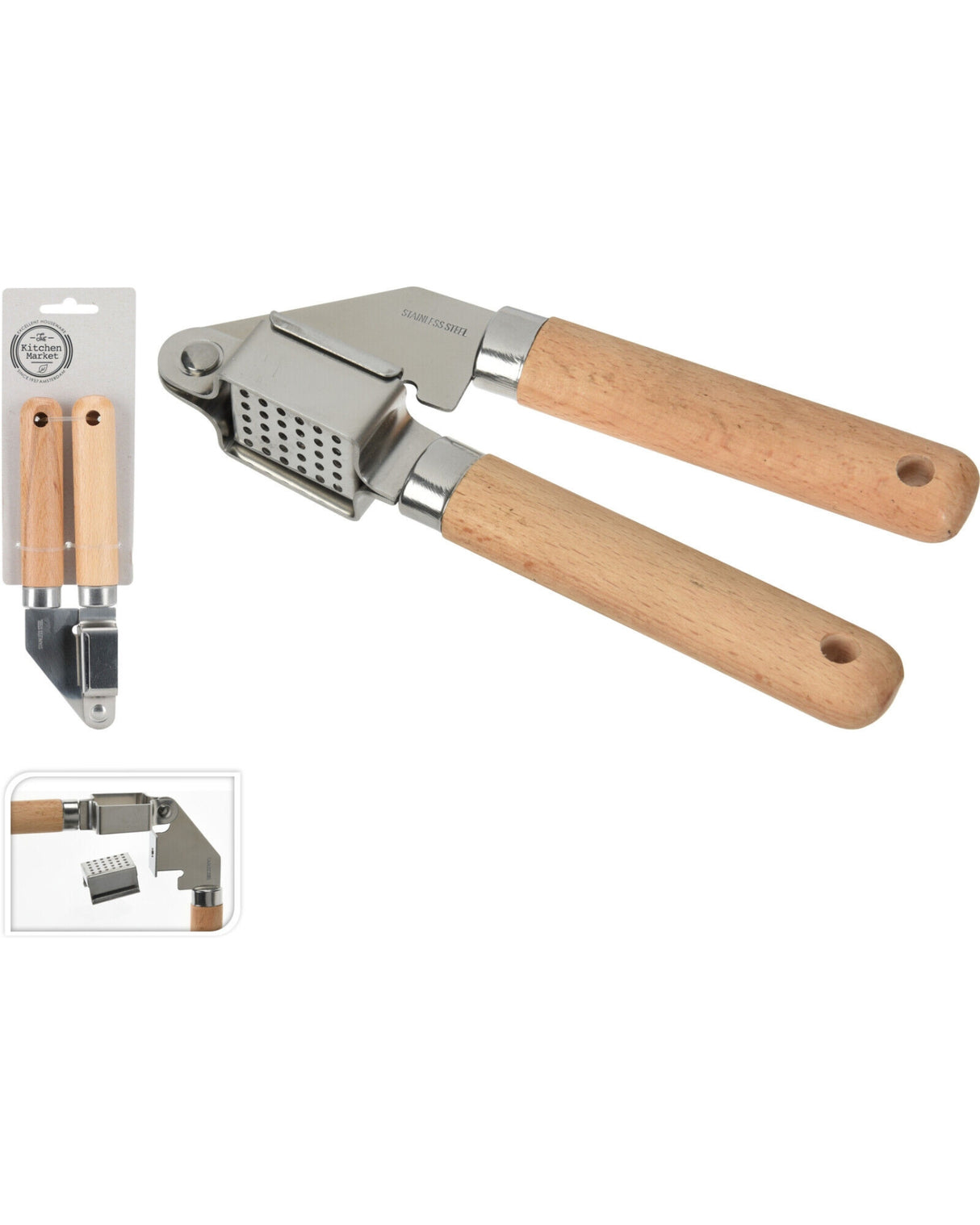 Hvidløgspresse i stål og træskaft