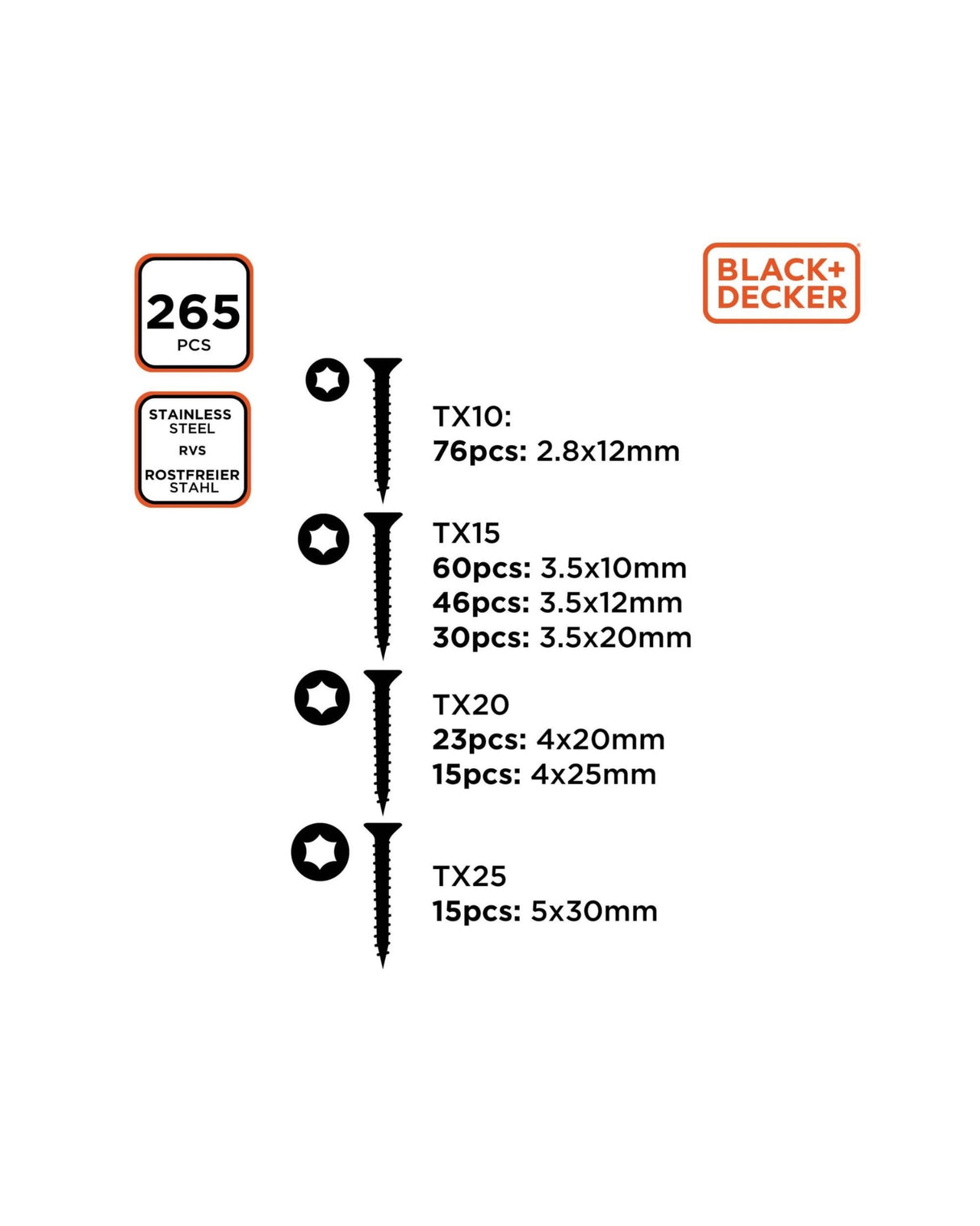 Skruer 265 stk - Med torx kærv - Black+Decker