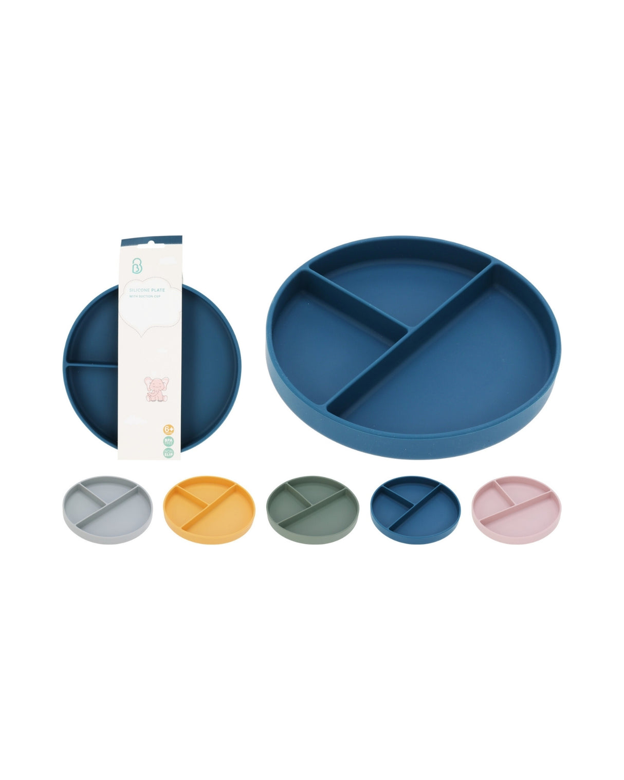 Tallerken med 3 rum og sugekop – 5 farver