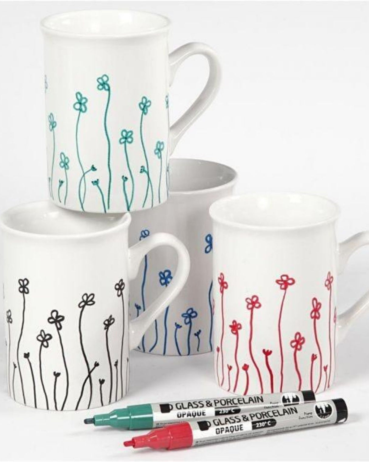 Glas- og porcelænstusch, streg 1-2 mm, halvdækkende, sort, blå, grøn, rød, 4 stk./ 1 pk