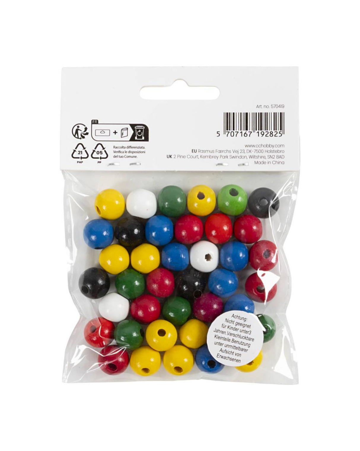 Wooden bead mix, diam. 10 mm, hole size 2.5-3 mm, asst. colors, 22 g/ 1 pk.