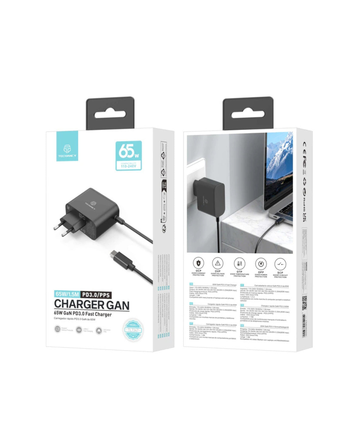 65W GaN Hurtigoplader med Kabel