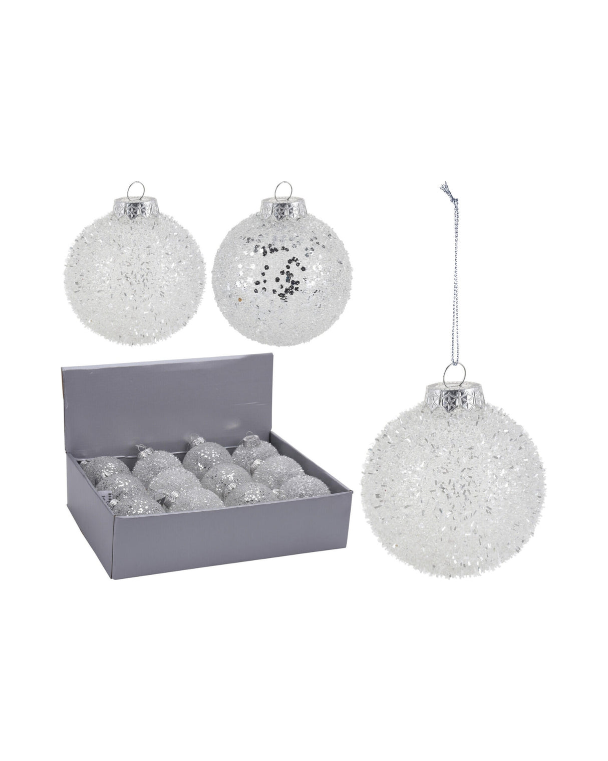 Julekugle sølv med glitter 80mm