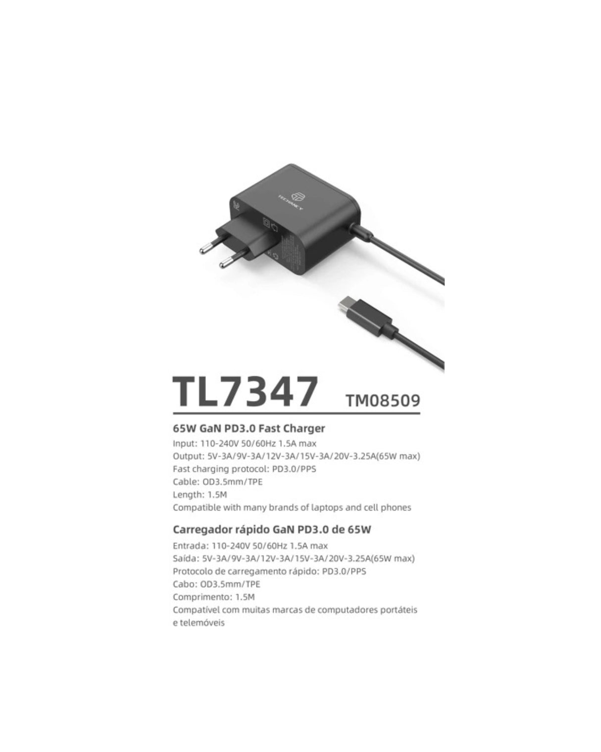 65W GaN Hurtigoplader med Kabel