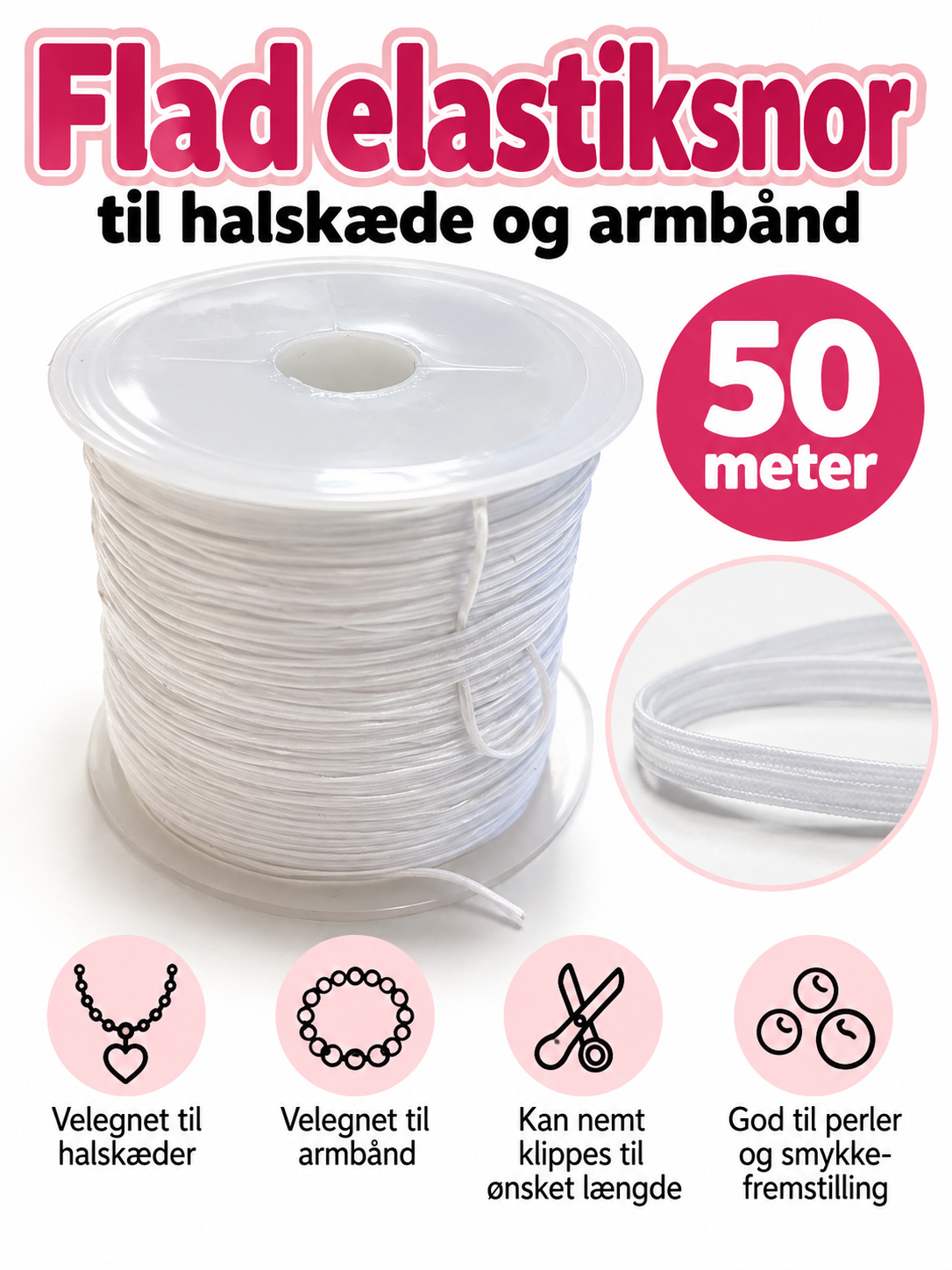 Flad elastiksnor – Hvid – 50 meter - 0,6 mm