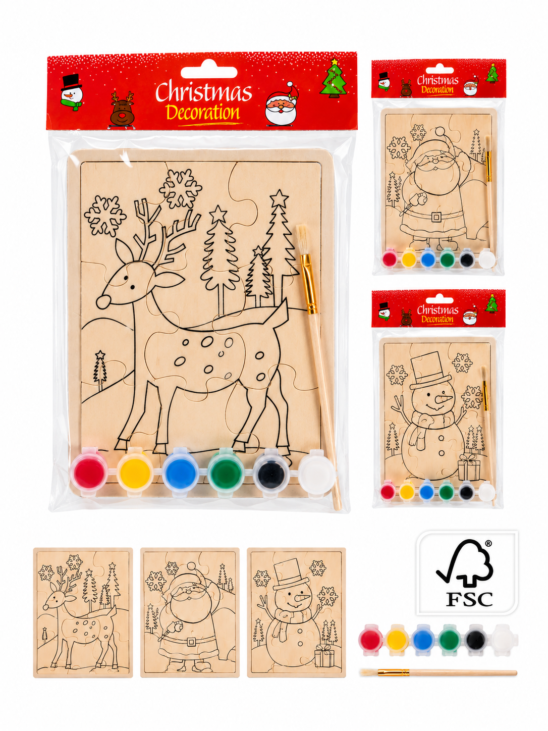 Julepuslespil i træ med maling – 3 assorterede motiver