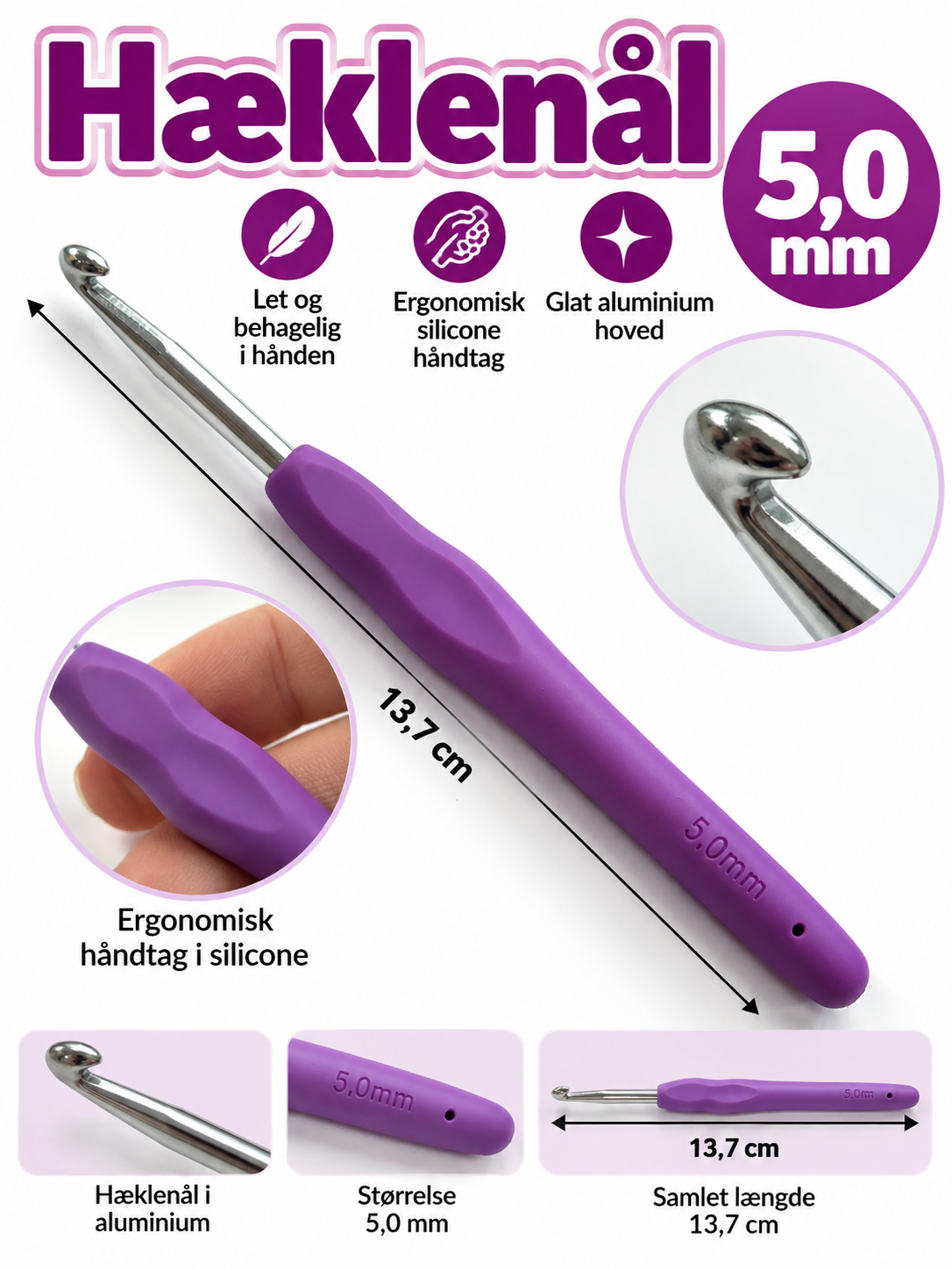 Hæklenål 5,0 mm – med silicone greb
