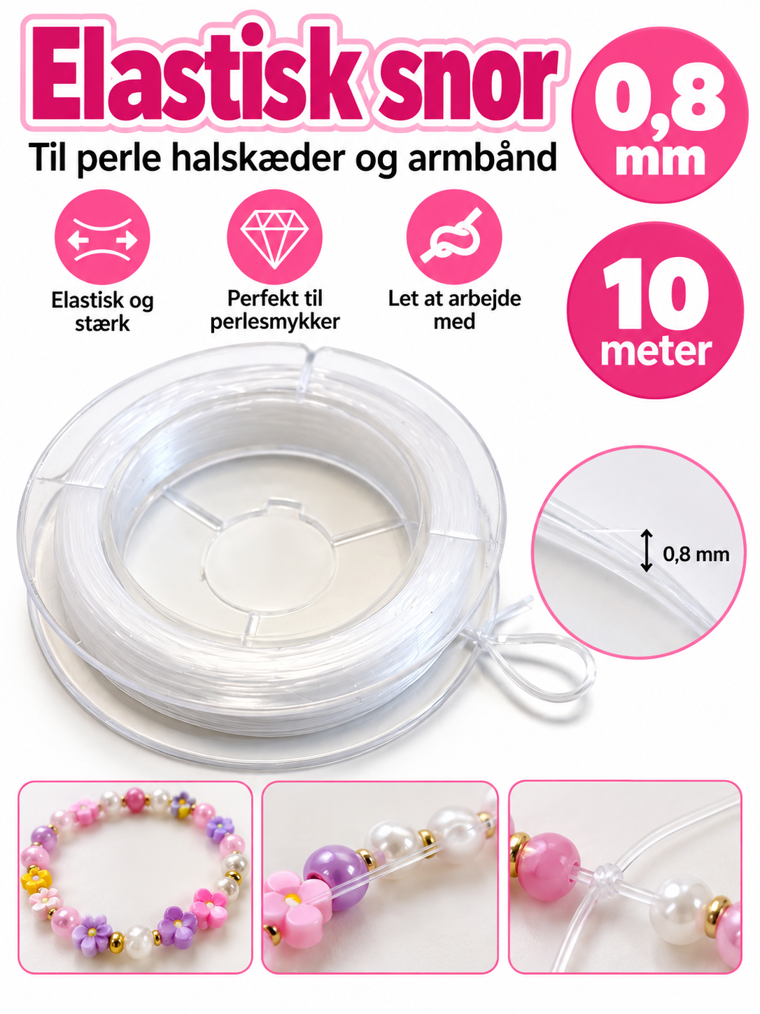 Elastisk smykkesnor 0,8 mm – hvid, 10 meter