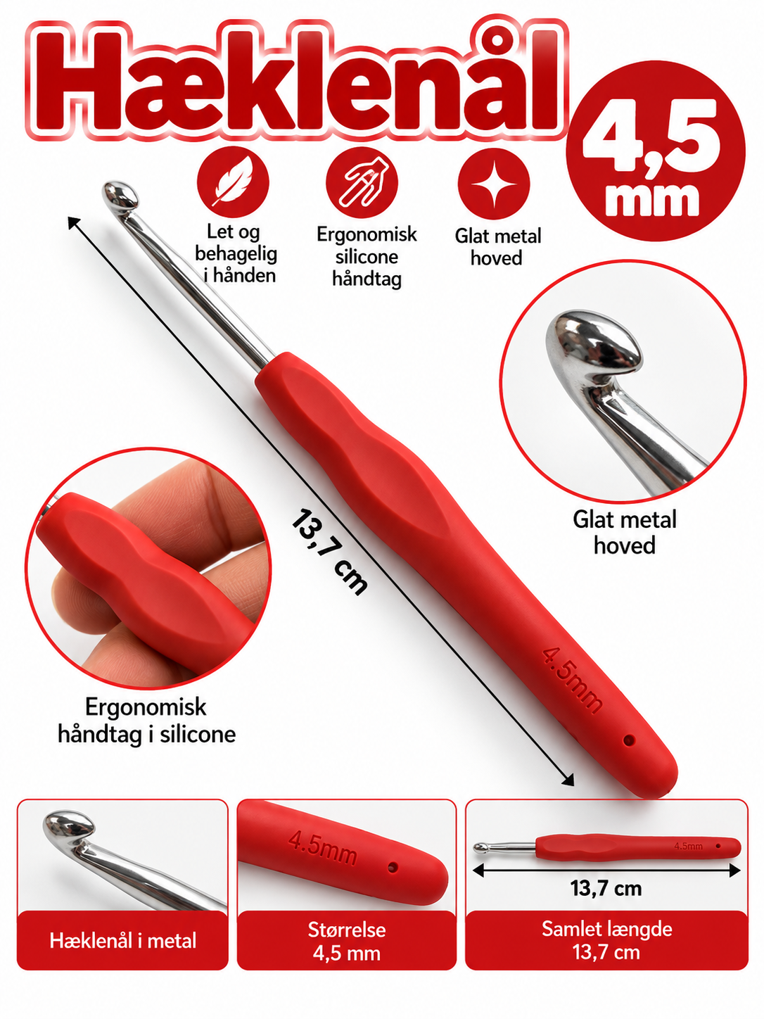 Hæklenål 4,5 mm – ergonomisk håndtag
