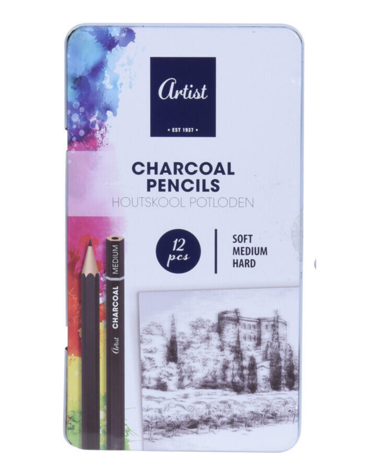 Charcoal blyanter 12 stk i metal æske