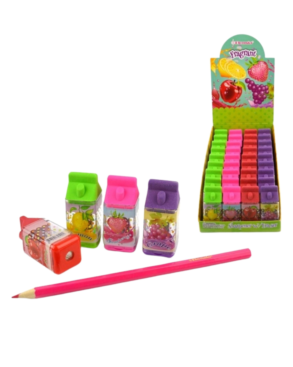 Sharpener Scent Juice Box w Eraser 4ass 6cm
