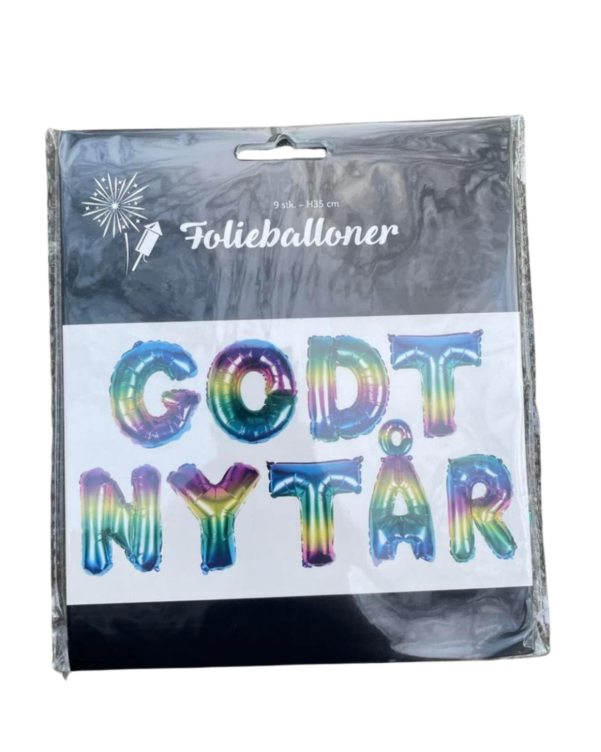 Folieballoner "Godt Nytår" 35 cm. Regnbuefarvet