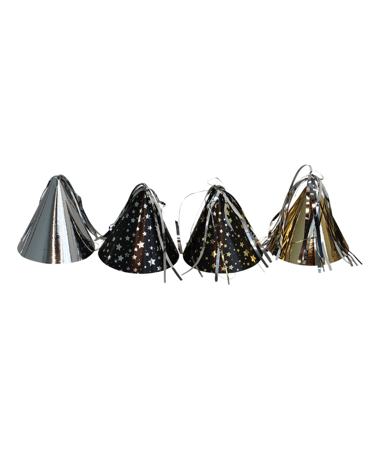 Small New Year's hats in black, gold or silver with stars.