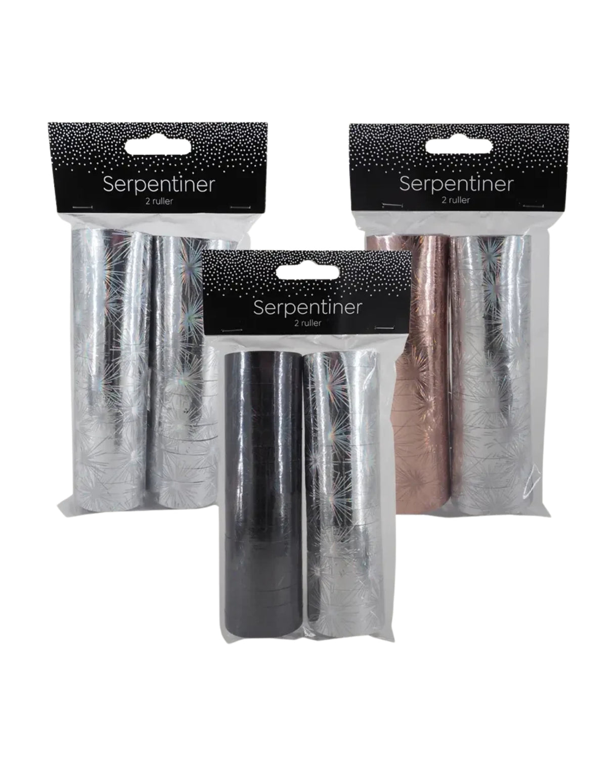 Serpentiner holografisk, sølv, grå, rosa, 3 meter 2 ruller