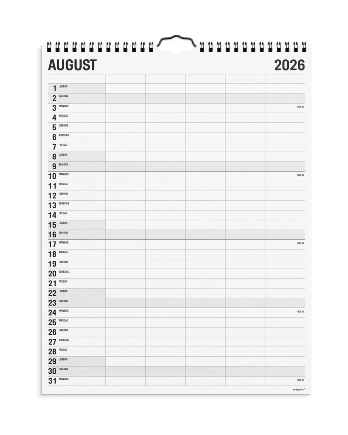 Familiekalender 2026 Black and white 5 kolonner - Fra Mayland