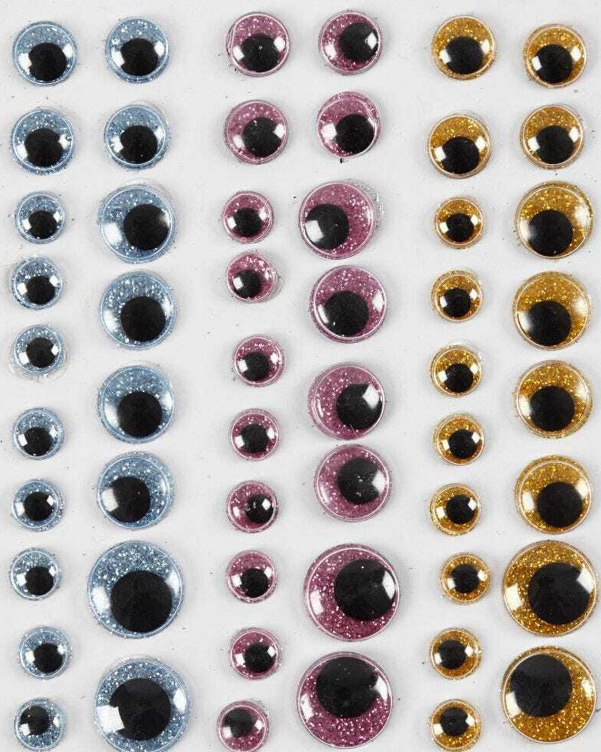 Roll eyes, diam. 8+10+12+15 mm, light blue, gold, light red, 54 pcs./ 1 sheet