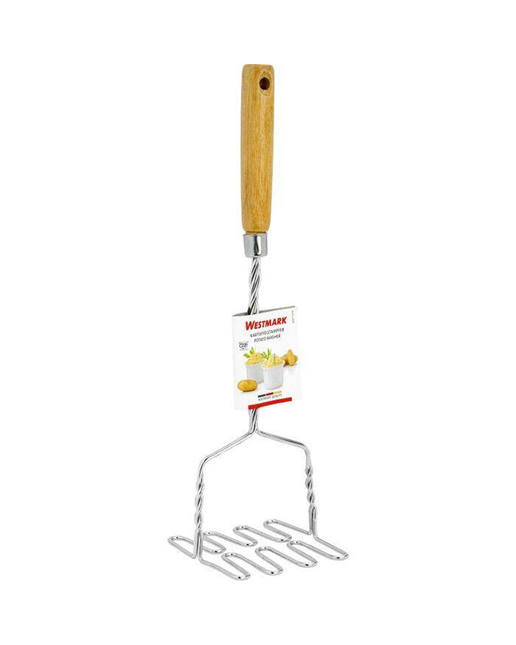 Metal potato masher with wooden handle
