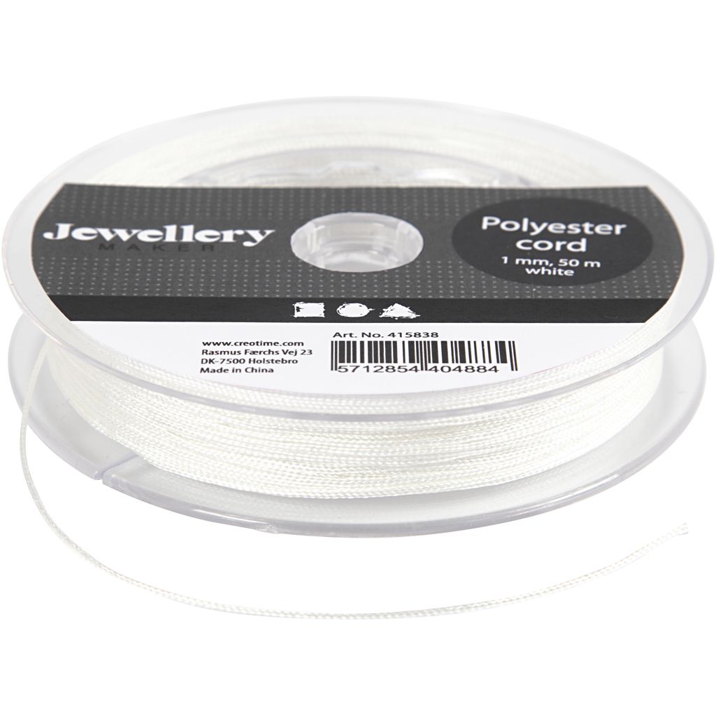 Polyester snor, tykkelse 1mm, hvid, 50 meter