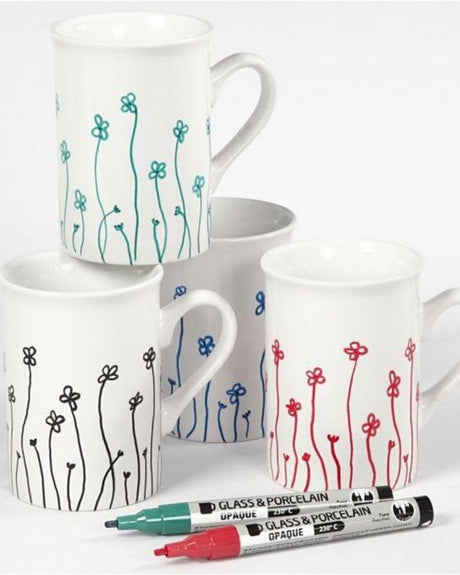 Glas- og porcelænstusch, streg 1-2 mm, halvdækkende, sort, blå, grøn, rød, 4 stk./ 1 pk