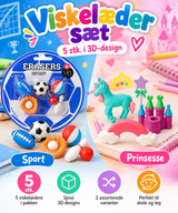 Viskelædersæt i 3D-design – Sport og prinsesse