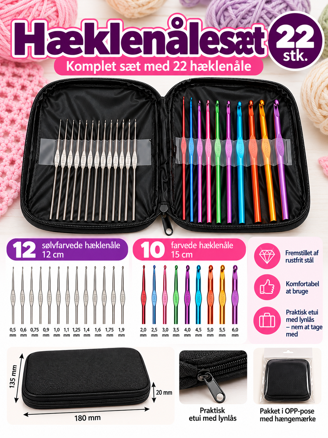 Hæklenålesæt med 22 dele