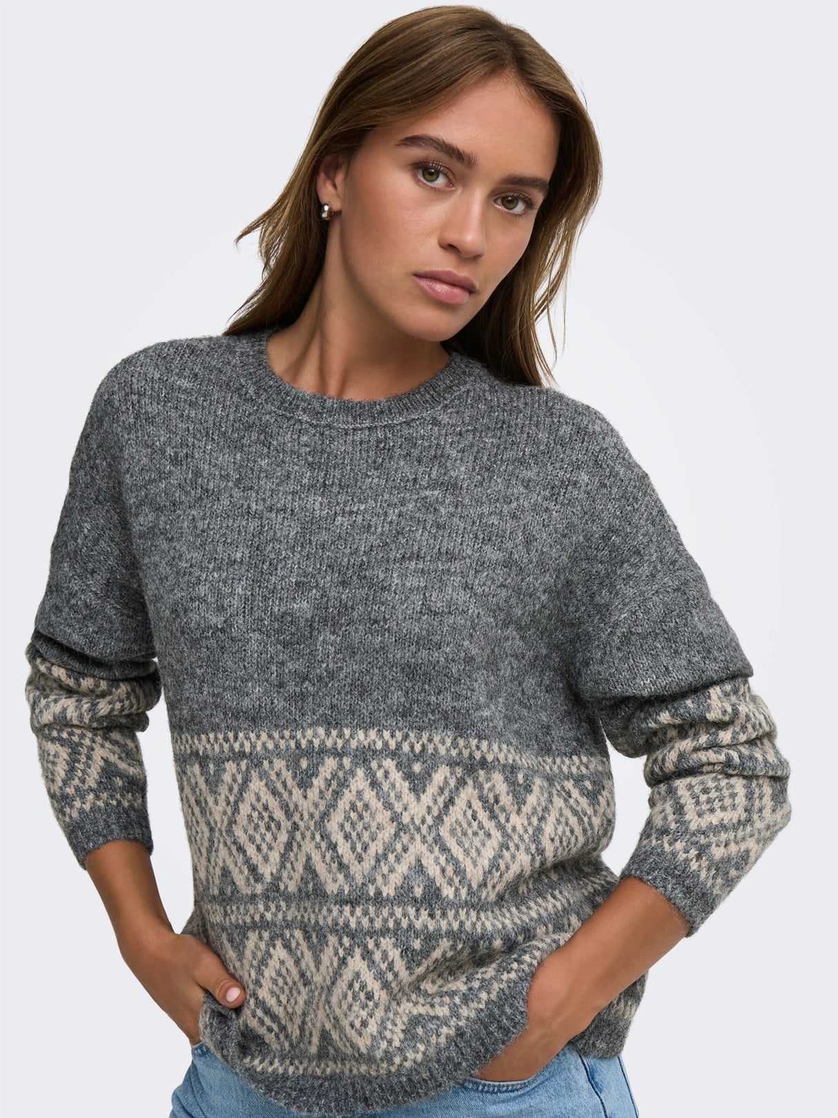 Dark Grey Melange W. OATMEAL FAROE JACQ. Striktrøje fra JDY - 15379810