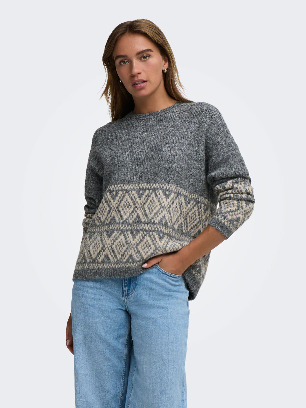 Dark Grey Melange W. OATMEAL FAROE JACQ. Striktrøje fra JDY - 15379810