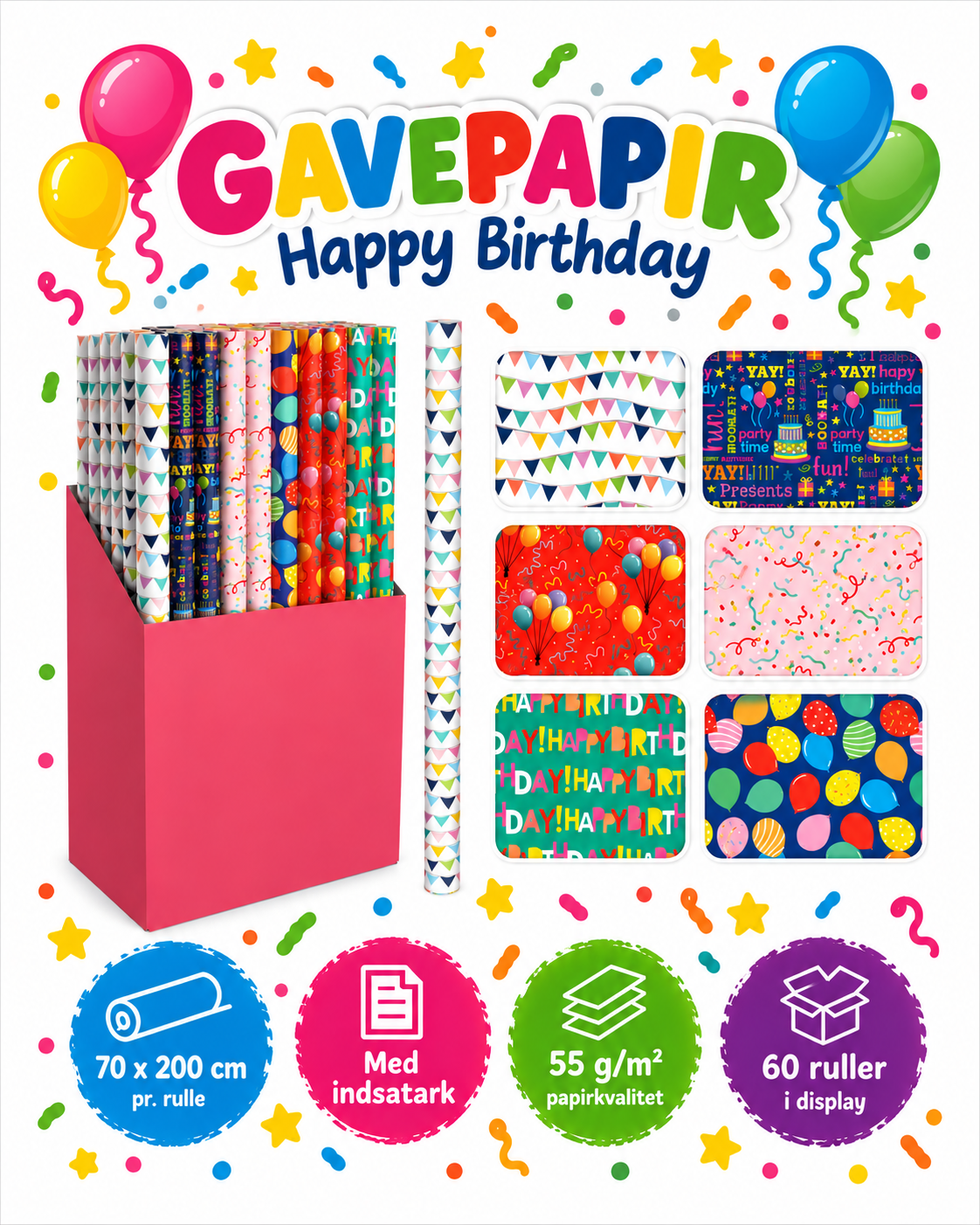 Gift wrapping paper with Christmas 70x200 cm 1 roll, 6 designs