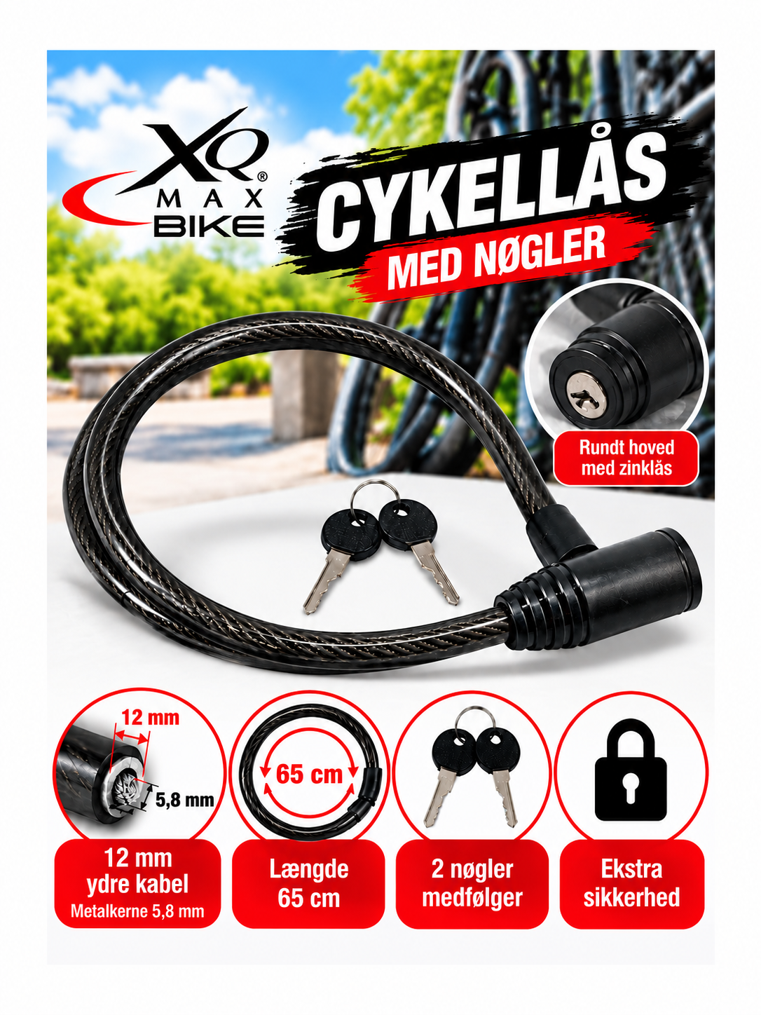 Wire lock in black - Bicycle lock 65 cm 8 mm