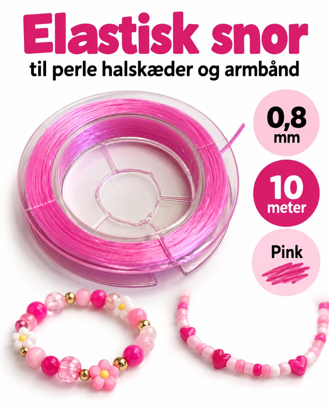 Elastisk snor – Pink – 0,8 mm