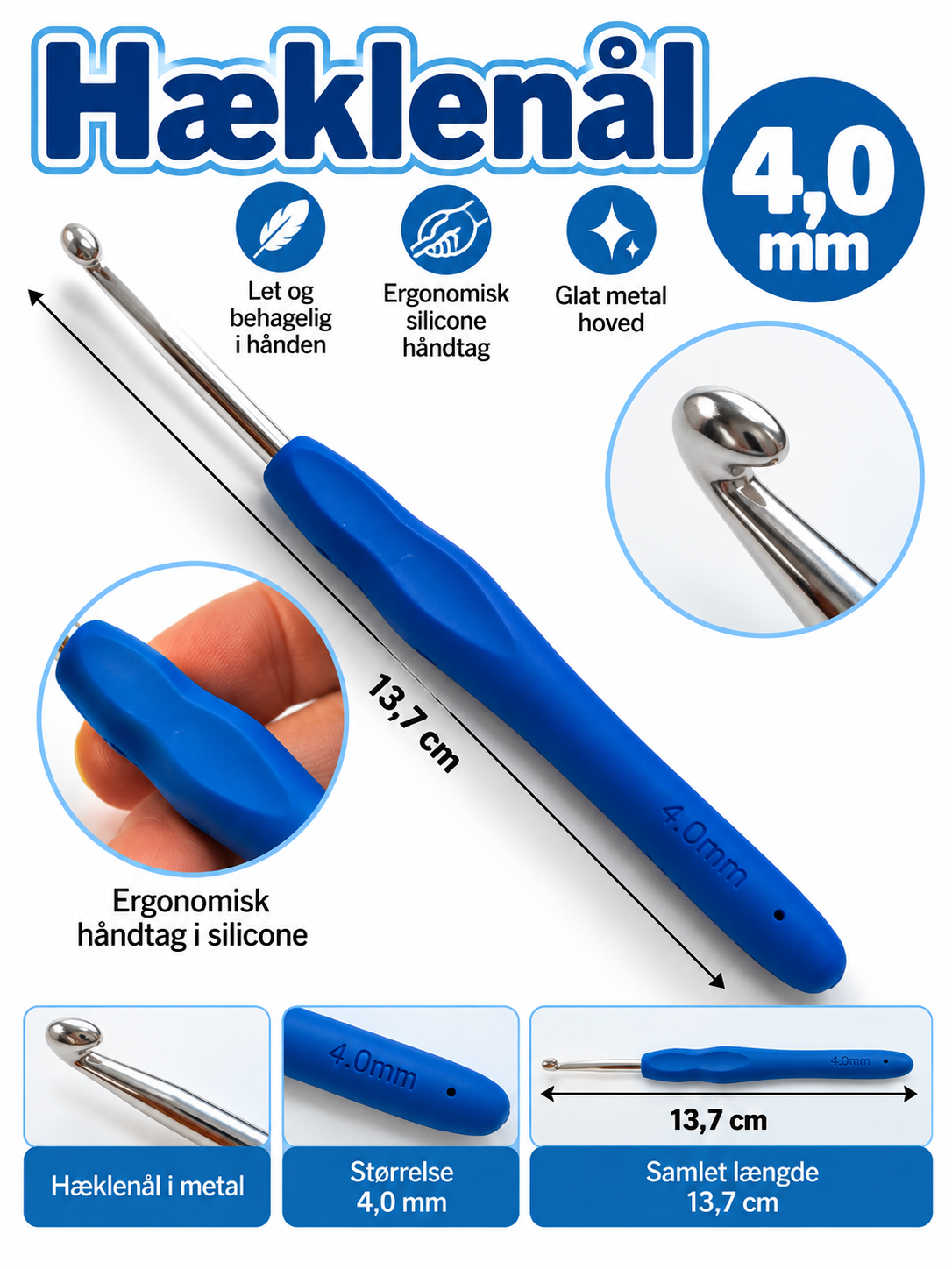 Hæklenål 4,0 mm – ergonomisk håndtag