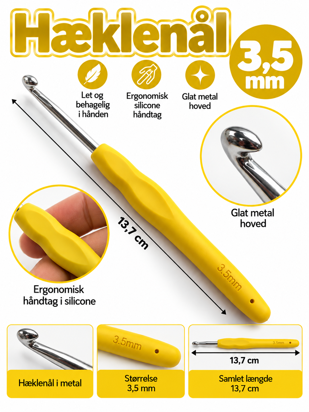 Hæklenål 3,5 mm – ergonomisk håndtag