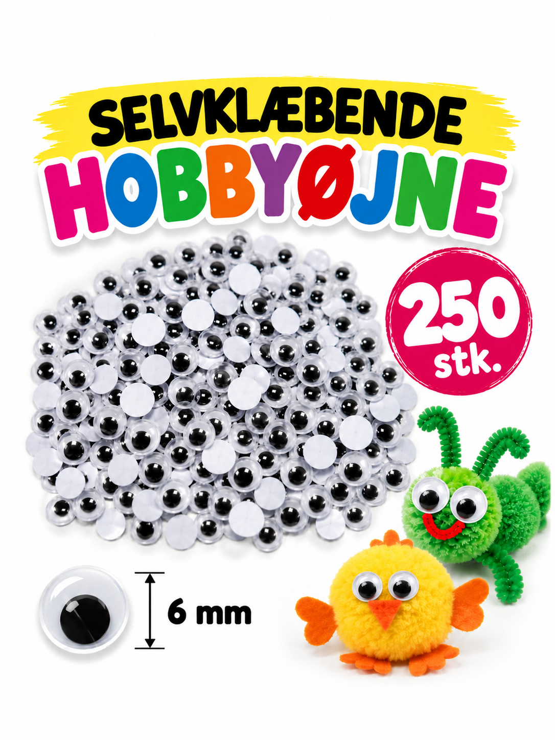Selvklæbende hobbyøjne – 250 stk 6 mm