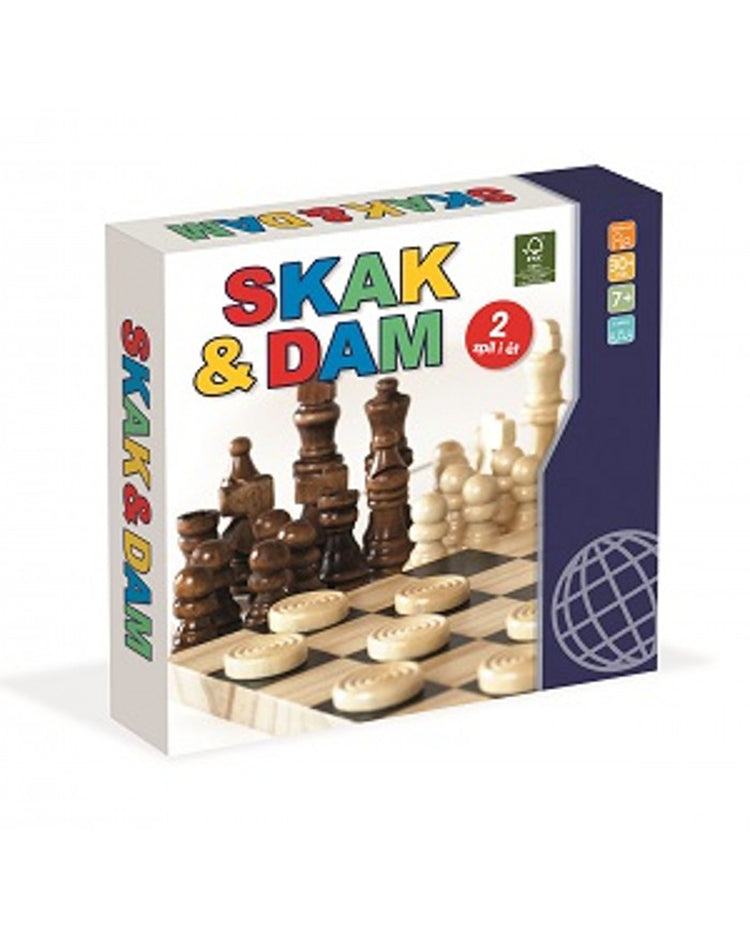 Skak og dam i træ - massiv plade