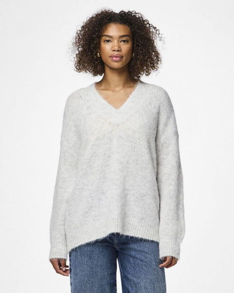 Lysegrå - Light Grey Melange - PIECES -Striktrøje - 17157870