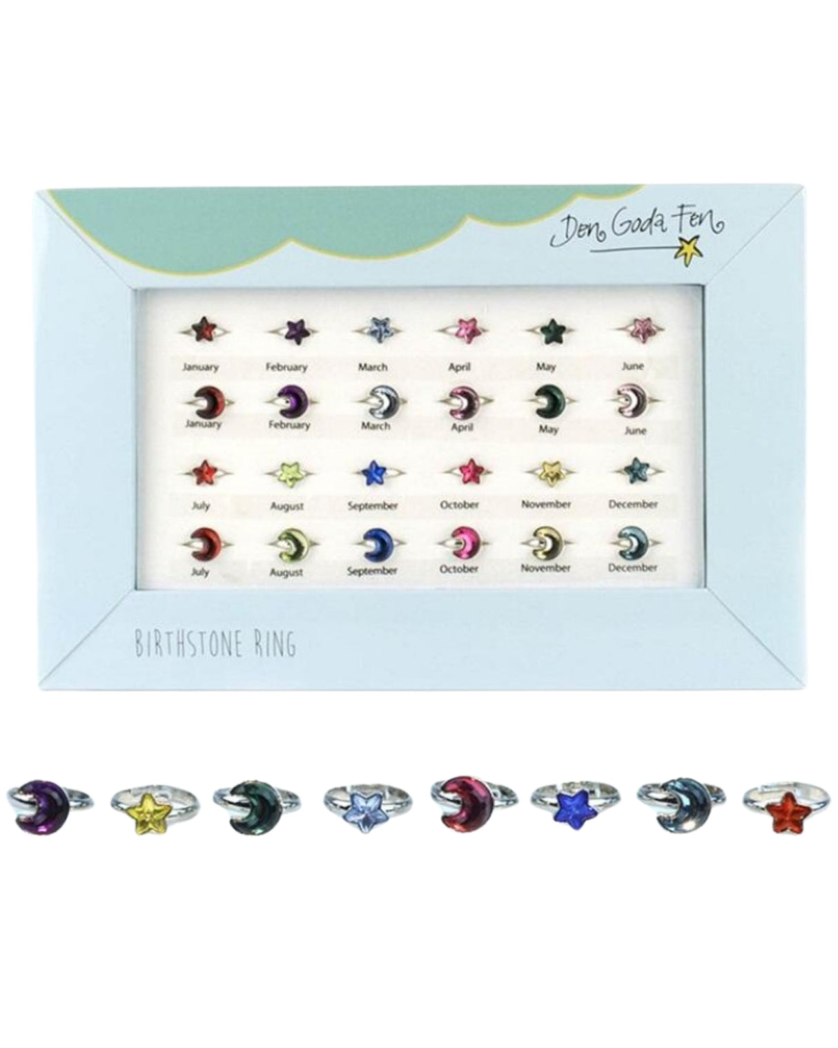 Birthstone ringe, Stjerner og måner (adjustable)