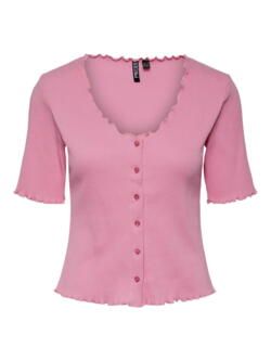 Pink- begonia pink - Pieces - rib t-shirt med knapper - 17132073