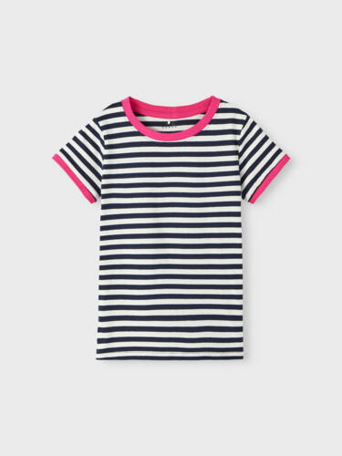 Sort/hvid stribet Name it t-shirt med pink kanter - 13212585